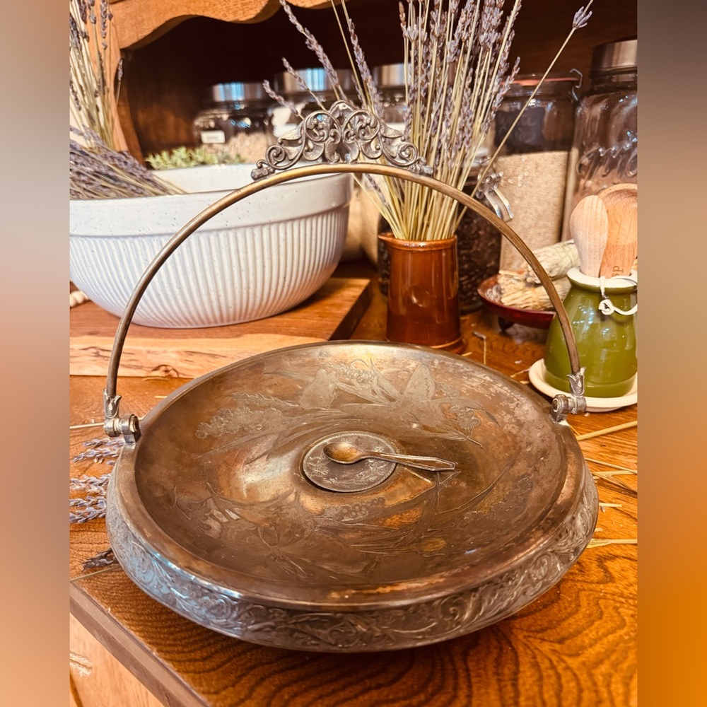 Vintage Pewter & Silver plated Serving Bowl with Handle removable middle & Spoon